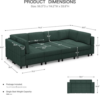 114.2" 8 Seat Modular Sectional Sofa with Deep Storage Seat, Comfy Corduroy Sectional Couch Convertible Modular Sleeper Sofa Couch with Movable Ottoman Chaise, Green