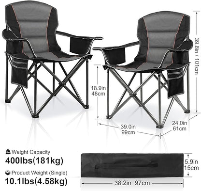 LANMOUNTAIN 2 Pack Padded Oversized Camping Chairs for Adults,Heavy Duty Support 400 Lbs,Folding Portable Lawn Chair w/Cup Holder,Cooler Bag,Side Pocket,Perfect for Outdoor Picnic,Hiking(Black)