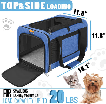 Pet Carrier Large Cats 20 lbs Top Load/Soft Sided Small Dog Travel Carriers/Collapsible Carrier Bag for Medium Cat Puppy/Sturdy Transport Carriers Long Trips/Medium Cats 15 pounds Blue