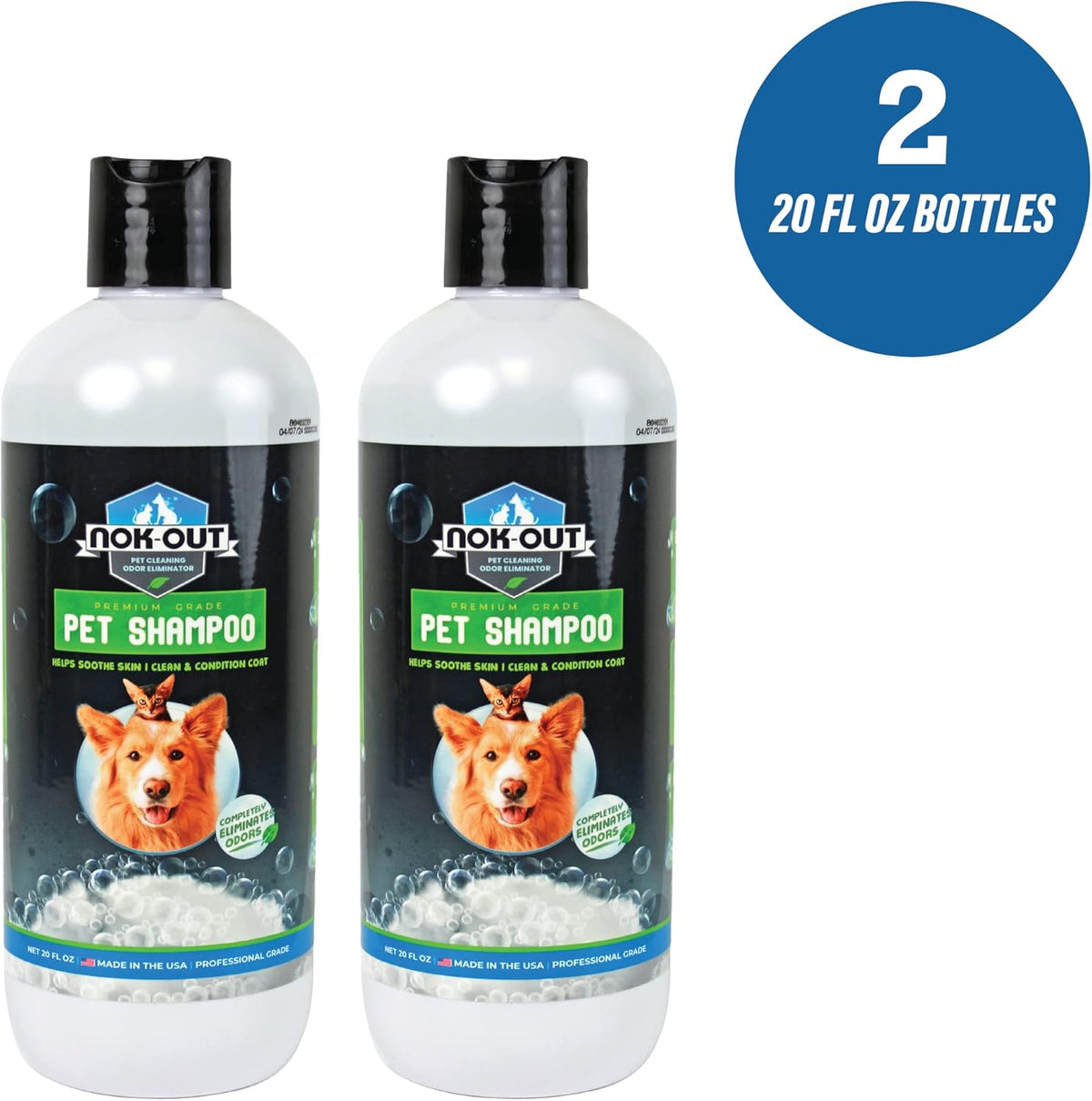 NOK OUT Premium Grade Pet Shampoo for Dogs and Cats, Veterinary Strength and Odor Eliminator Formula, Made in the USA, 20 Ounce Bottle, 2-Pack