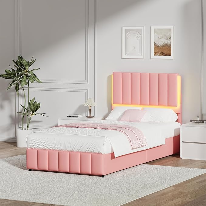 Twin Upholstered Bed Frame with LED Lights, Faux Leather Platform Bed with Headboard and Wooden Slats Support, No Box Spring Needed, Noise-Free, Easy Assembly, Pink