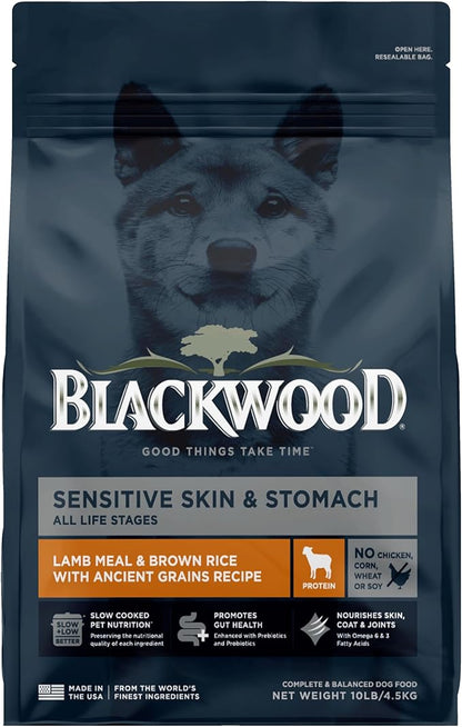 Blackwood Sensitive Skin & Stomach Dry Dog Food, Lamb Meal & Brown Rice with Ancient Grains, 10 Pound Bag with Prebiotics & Probiotics to Promote Gut Health
