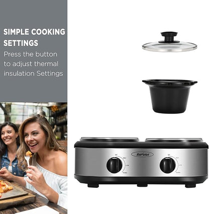Sunvivi Dual Pot Slow Cooker, 2 Pot Small Mini Crock Buffet Server and Warmer