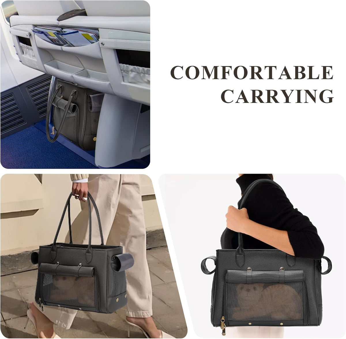 Fashion Pet Carrier Purse for Small Cat and Dog, Luxury Pu Soft-Sided Tote Bag with Large Pockets for Dogs and Puppies (Black, 15.8" L x 7.5" W x 11.8" H)
