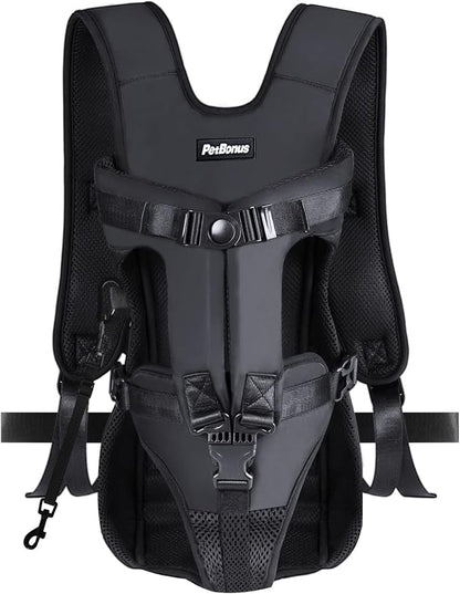 PetBonus Dog Front Carrier Backpacks, Legs Out Easy-fit Puppy Chest Carrier | Hands Free, Adjustable, Safety Strap, Walking Hiking Cycling Motorcycle bag, For Small Medium Dogs (Black, L)