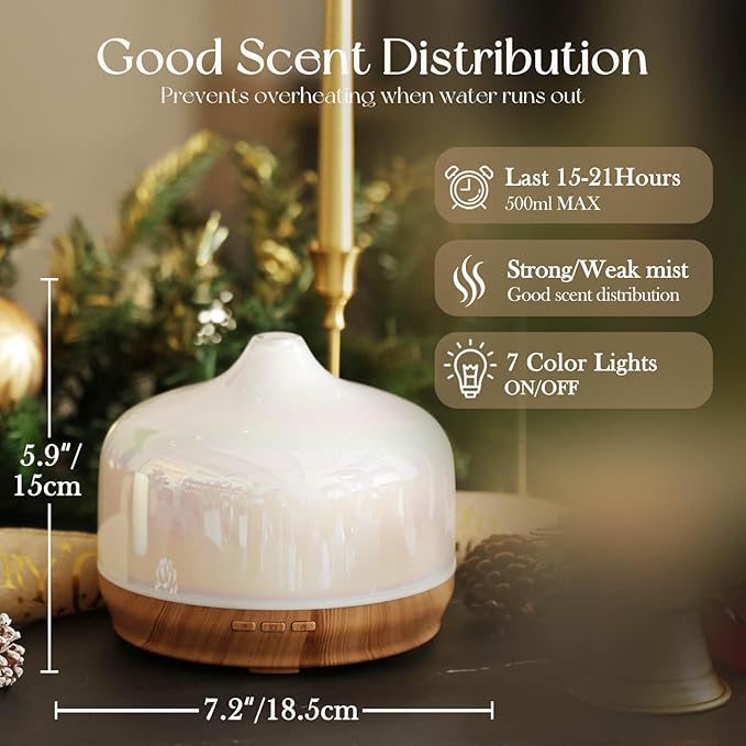 Porseme 500ml Glass Essential Oil Diffuser Aromatherapy Ultrasonic Cool Mist