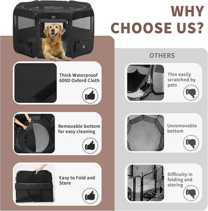 DONORO Dog Playpen Portable Pet Play Pens for Small Dog/Cat/Rabbit/Chicks, Cat Playpen Indoor/Outdoor with Carring Case, Removable Zipper Top and Bottom (Black, Extra Large (55"x55"x30"), 8)
