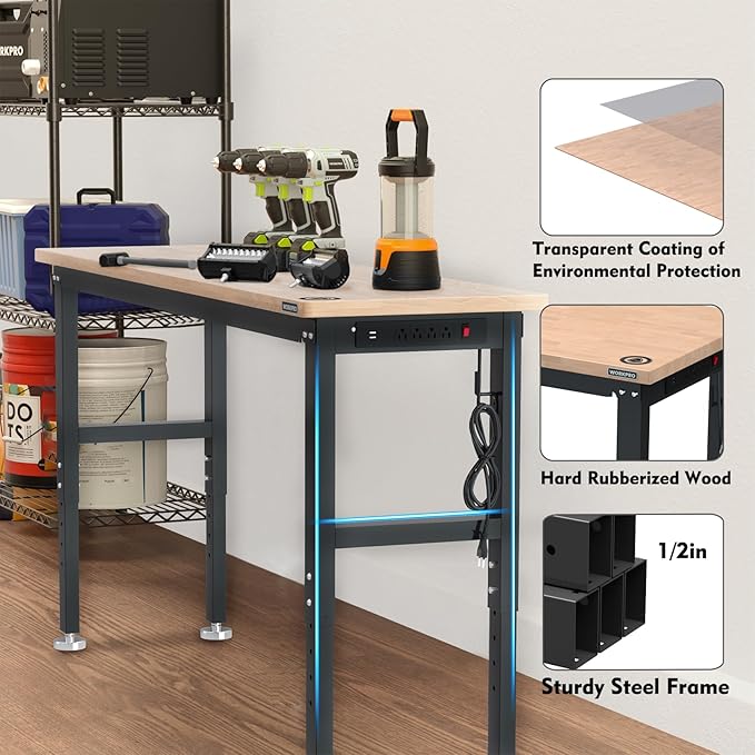 WORKPRO 72" Adjustable Workbench, 3000 LBS Load Capacity Hardwood Garage
