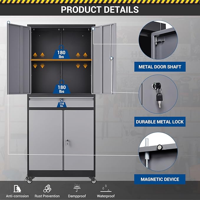 73" Metal Cabinet-Black&Gray Heavy Duty Rolling Storage Cabinet Steel Tool