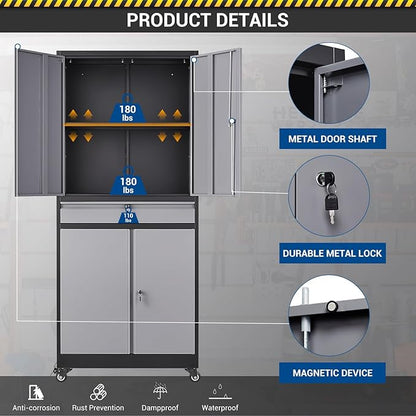 73" Metal Cabinet-Black&Gray Heavy Duty Rolling Storage Cabinet Steel Tool