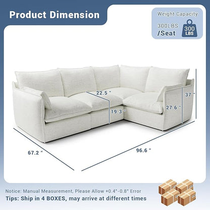 Lopzeho Cloud Modular Sectional Sofa, Waterproof Down Filled Sectional Sofas, High Backrest 4 Seater Sectional Couches for Living Room, Modern Modular Couch with Removable Cover, Cream White