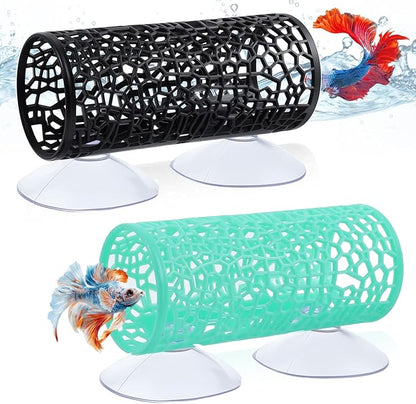 2Pcs Little Fish Swimming Tunnel, Safe Aquarium Decoration Betta Fish Tank Accessories with Suction Cups Hidden Decor Habitat Toys for Small Fish Shrimp Reptile Guppies