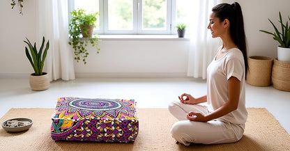 CRAFT KALA Large Hippie Mandala Meditation Floor Ottoman Pillow Cushion Pouf Cover Square Poufs Bohemian Circle Floor Cushion Case Outdoor Fireplace Yoga Living Room Decor Cover New Pink, 16" Square