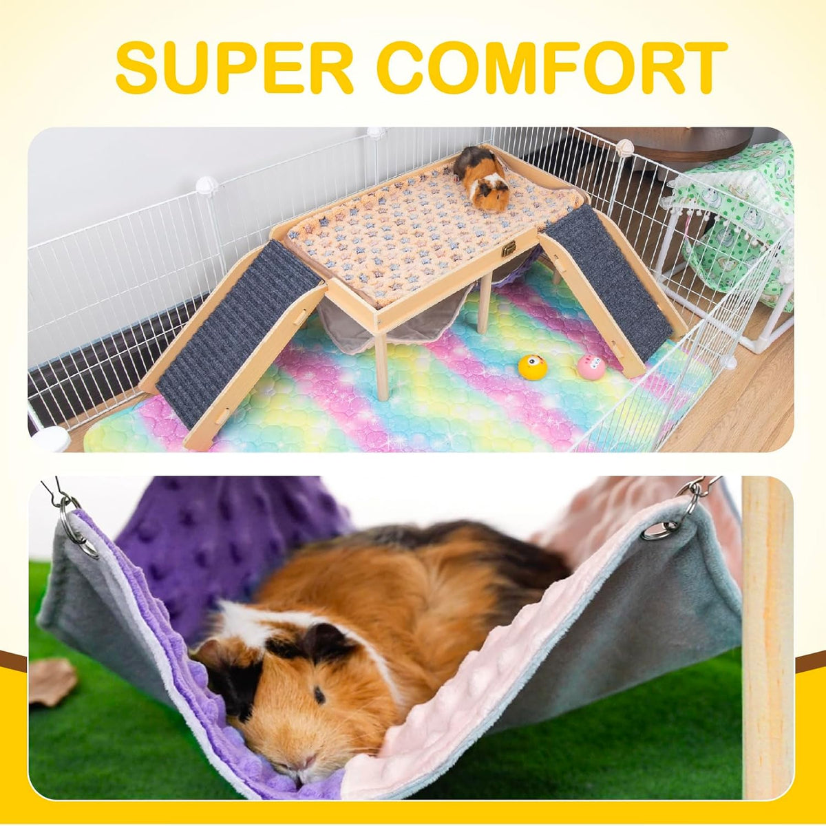 Enlarged Guinea Pig Hammock with Platform and Stairs,Wooden Foldable Piggies Hideout for Guinea Pigs Bunny Ferret Hamster Hiding Sleeping Activities 24L x 12W x 11H in（Double）