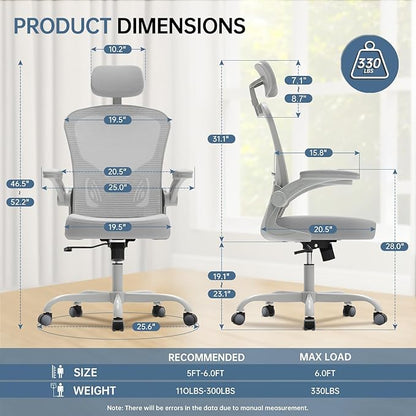 Office Chair Ergonomic Desk Chair, 330LBS Capacity, High Back Computer Chair for Long Hours Comfortable, Rolling Swivel Executive Task Chair for Home Office with Flip-up Armrests（Grey）