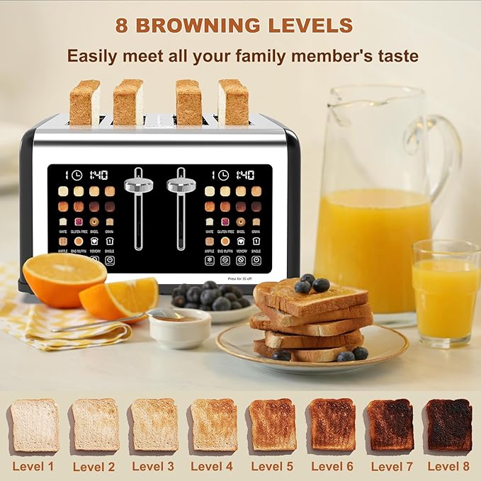 4 Slice Toaster Touch Screen, Stainless Steel Toasters Digital Timer, Dual