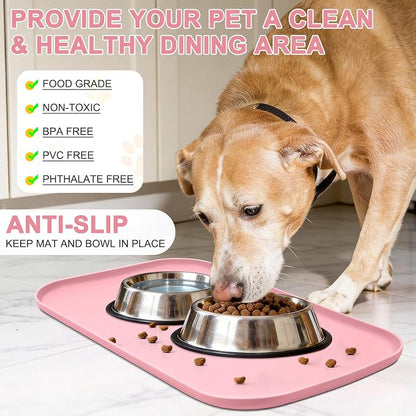 SMILOOL Waterproof Silicone Pet Food Mat with Raised Edge for Dog & Cat | 22" x 14" Non-Slip Pet Feeding Mats with Lip for Food & Water Bowl, Food Grade, Easy Cleaning, Sakura Pink