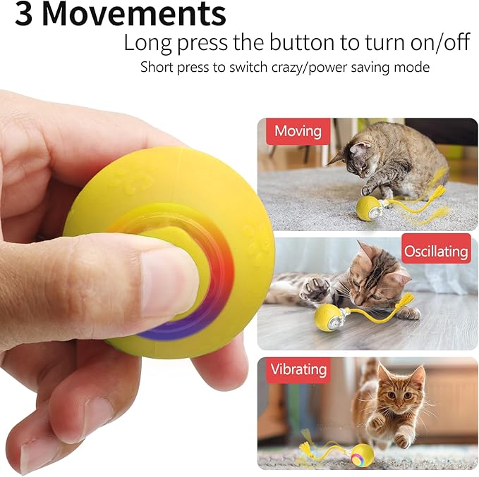 Interactive Cat Toys, Automatic Moving Cat Toys for Bored Indoor Adult Cats, Fast Rolling, Chirping & Motion-Activated Kitty Toys, Fun Gift for Cats with Speedy Tail 2.0, USB Rechargeable, Yellow