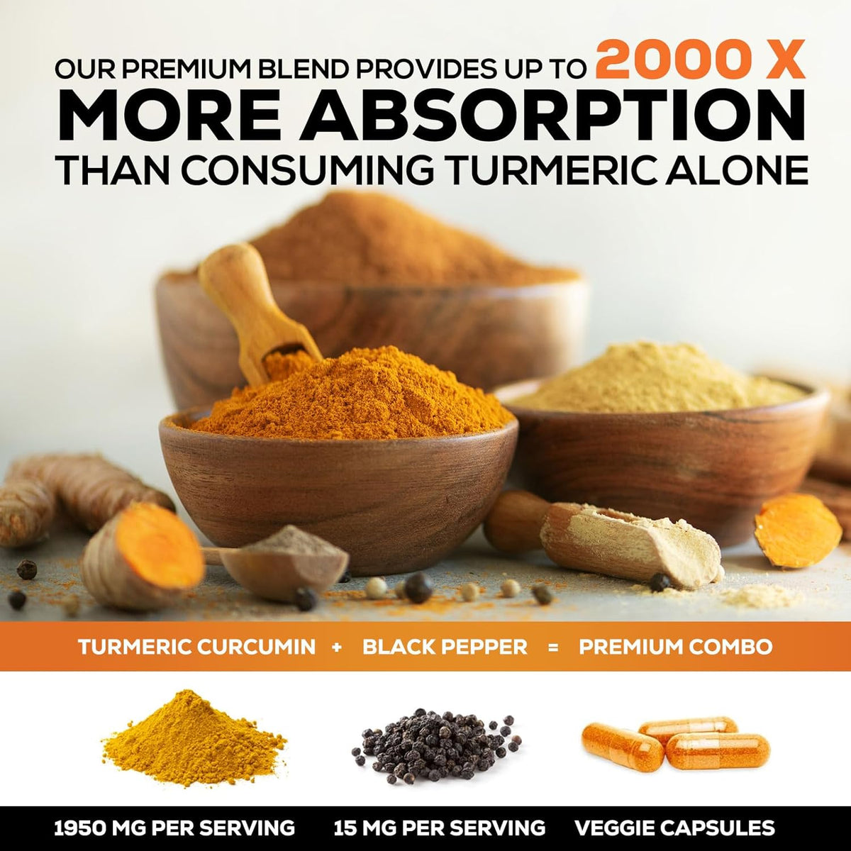 Turmeric Curcumin Supplement 1950mg - 95% Curcuminoids with Organic Turmeric & BioPerine Black Pepper Extract for Best Absorption, Nature's Vegan Joint Support, Non-GMO, Bottled in USA - 180 Capsules