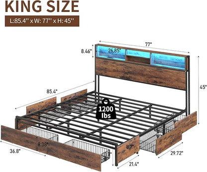 King Size Bed Frame with LED Headboard & Charging Ports, Rustic Wood Platform King Bed Frame with 6 Storage Drawers and Display Shelf, Heavy-Duty Metal Frame, No Box Spring Needed, Brown