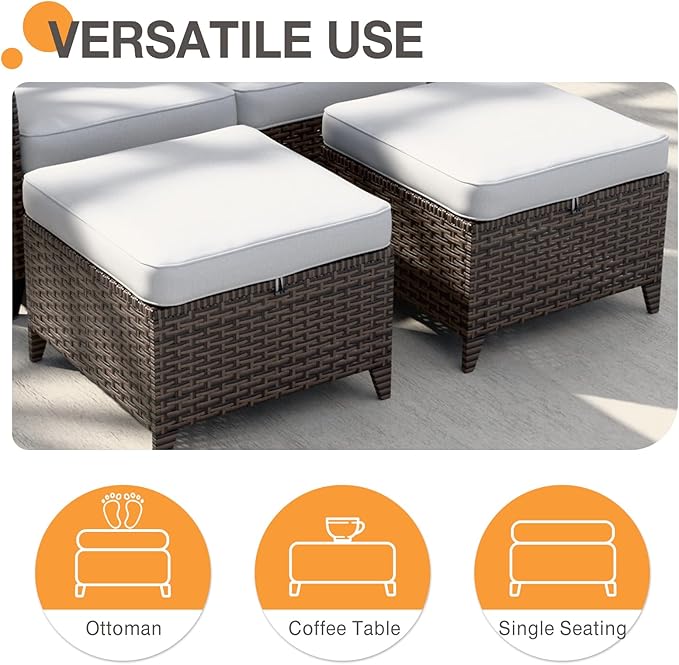 COOS BAY Harbor Retreat 8 Piece Outdoor Furniture Set, Patio Conversation Set with 4 Swivel Rocking Chairs, 3 Seat Couch, Side Table & Ottomans, Wicker Furniture, Brown/Beige