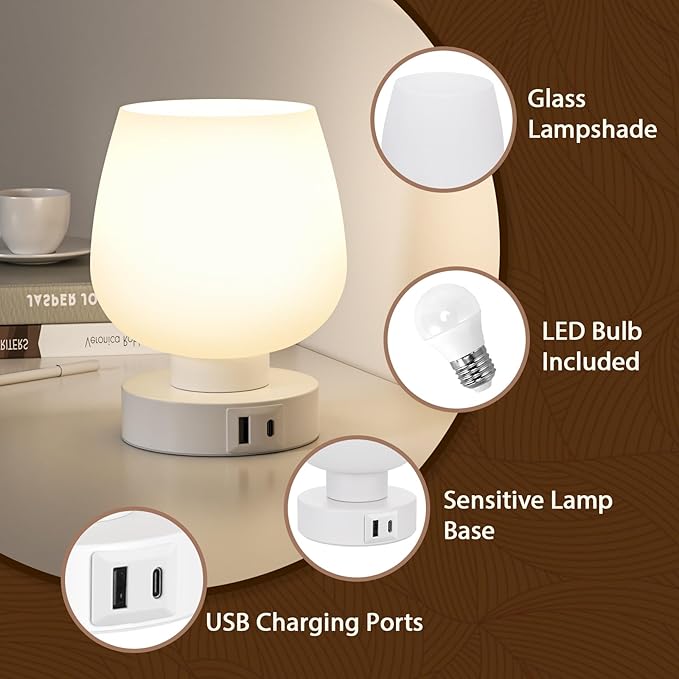 Touch Table Lamp for Nightstand - Bedside Lamp with USB C+A Charging Ports for Bedroom Living Room Night Stands, Desk Lamp with White Glass Shade for Small Spaces, 3 Way Dimmable, LED Bulbs, Gifts