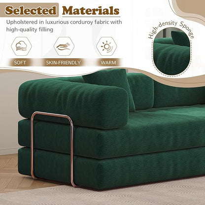 Antetek Convertible Futon Sofa Bed, 3-Seater Modern Corduroy Foam Floor King Size Bed Fold Out Sleeper Lounge Loveseat Sofa Couch with 2 Throw Pillows for Living Room Bedroom Guest Room, Turquoise
