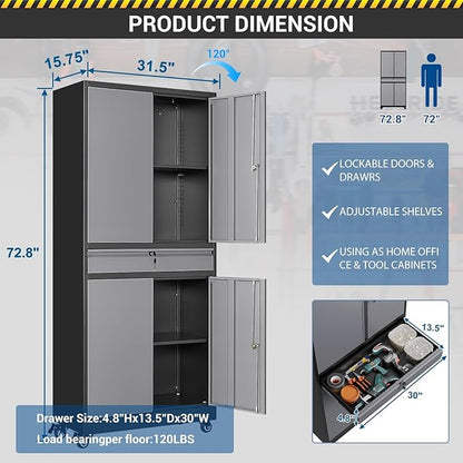 73" Metal Cabinet-Black&Gray Heavy Duty Rolling Storage Cabinet Steel Tool