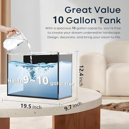 10 Gallon Glass Fish Tank, Aquarium Fish Bowl Cube for Betta Goldfish Snails Shrimp Aquatic Planting, Easy to Maintain Ultra Clear Rimless Dark Background Low Iron