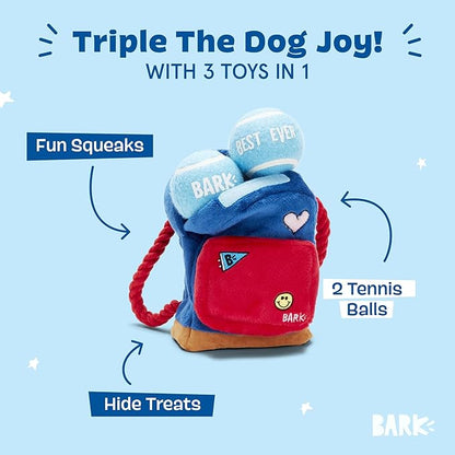 Barkbox 2 in 1 Interactive Plush Dog Toy - Rip and Reveal Toy for Dogs and Puppies - Stimulating Squeaky Pet Toys | Janspup Backpack (Small)