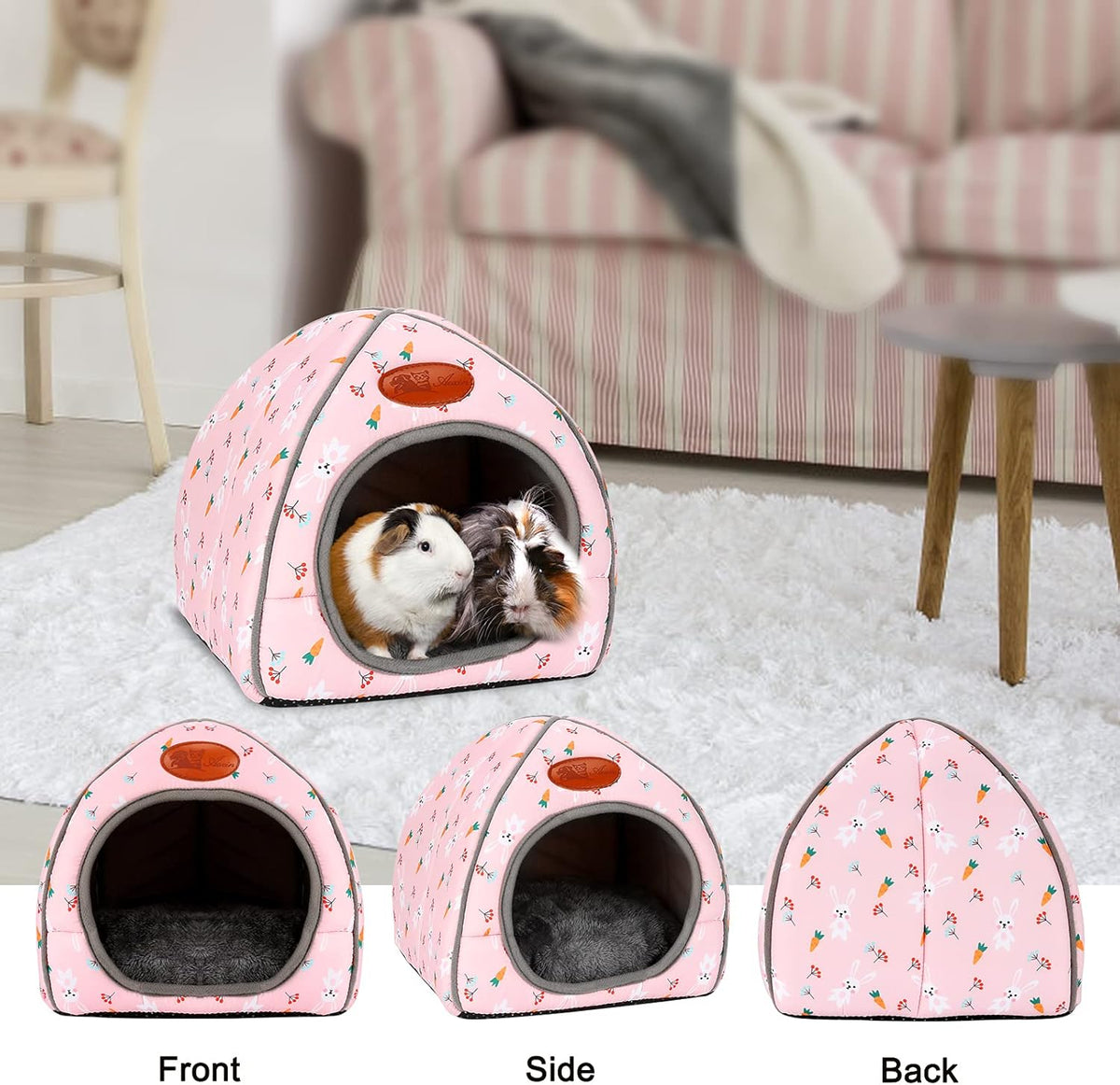 BWOGUE Guinea Pig Bed Large Hide-Out Cozy House Bed for Rabbits Ferret Chinchilla Bearded Dragon Winter Warm Cage Nest Hamster Accessories Cute Bunny and Carrot Pattern