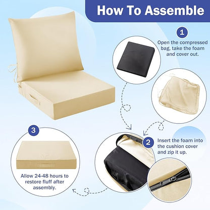 Outdoor Seat Cushion Set, Waterproof & Fade Resistant Patio Chair Cushions, Outdoors Cushion for Patio Furniture, 24 x 24 x 4 Inch, Outdoor Couch Cushions with Handle and Ties, Light Khaki
