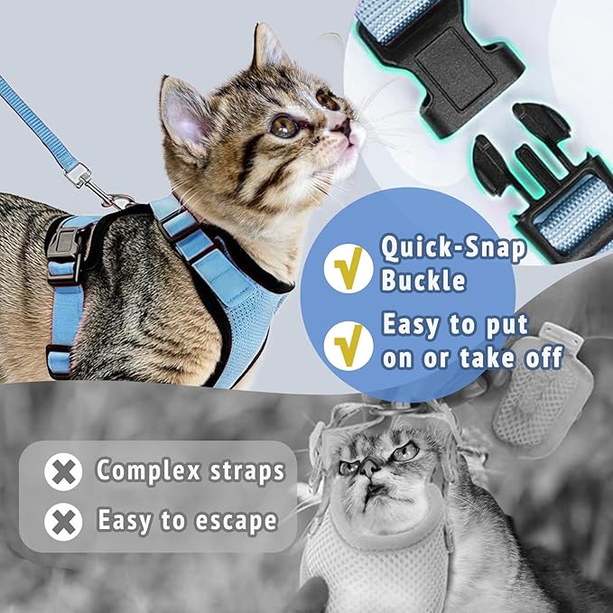 Cat Harness and Leash Set,Escape Proof Adjustable Cat Harness,Soft and Breathable Kitten Harness and Leash with Reflective Strips for Walking and Traveling(Light Blue, X-Small(3.3-8.9lb))