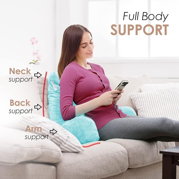 Nestl Reading Pillow with Shredded Memory Foam, Designed for Sitting Up in Bed and Couch, Back and Arms Adjustable Support for Adult & Teens Backrest Pillows for Reading with Washable Cover Light Blue