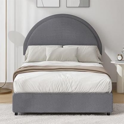 Twin Size Bed Frame, Boucle Upholstered Platform Bed with Headboard, Cloud Bed Frame with Soft Rounded Corners, No Box Spring Required, Easy Assembly, Grey
