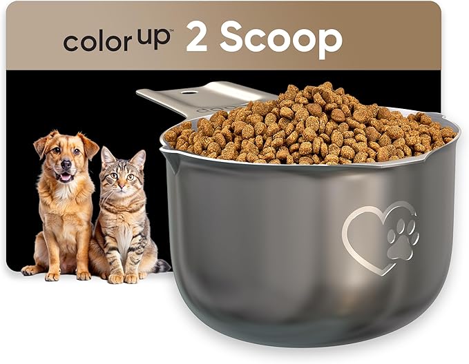 Color Up 2 Scoop (2 Cup / 480 ml) Stainless Steel Pet Food Measuring Scoop for Dogs, Cats, Rabbits & Birds – Dual Pour Spouts, Ergonomic Handle, Dishwasher Safe