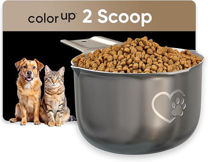 Color Up 2 Scoop (2 Cup / 480 ml) Stainless Steel Pet Food Measuring Scoop for Dogs, Cats, Rabbits & Birds – Dual Pour Spouts, Ergonomic Handle, Dishwasher Safe