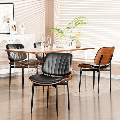 YaFiti Dining Chairs Set of 8, Dining Room and Kitchen Chairs, FSC Certified Mid Century Modern Accent Chair, Upholstered PU Leather Chairs for Vanity with Walnut Bentwood and Metal Legs, Black