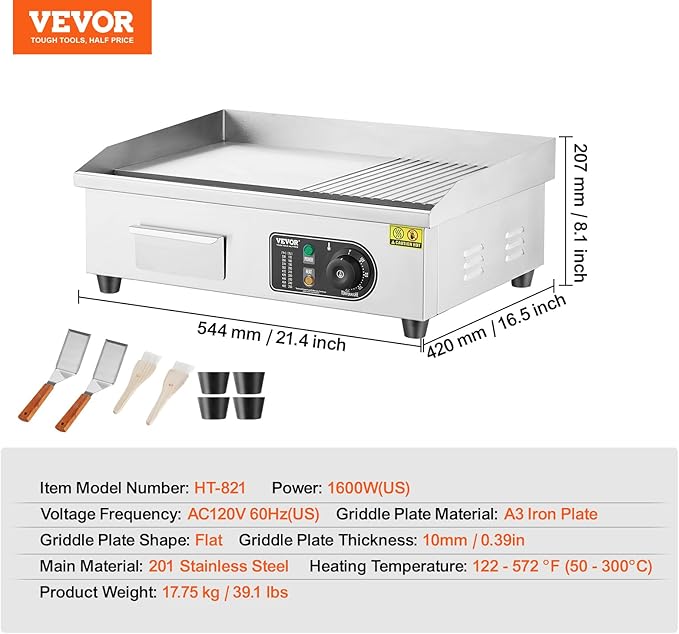 VEVOR Commercial Electric Griddle, 1600W Countertop Half-Flat Top Grill