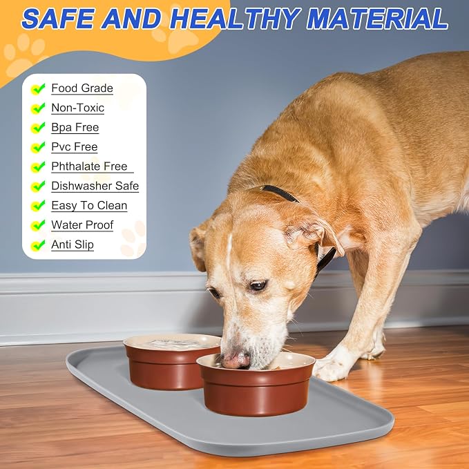 SMILOOL Waterproof Silicone Pet Food Mat with Raised Edge for Dog & Cat | 24" x 16" Non-Slip Pet Feeding Mats with Lip for Food & Water Bowl, Food Grade, Easy Cleaning, Light Gray