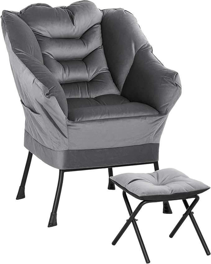 HOMCOM Modern Lazy Chair with Ottoman, Fabric Lounge Accent Chair, Leisure Sofa Armchair with Armrests, Side Pockets, Upholstered Reading Chair and Footstool Set for Living Room, Bedroom, Gray