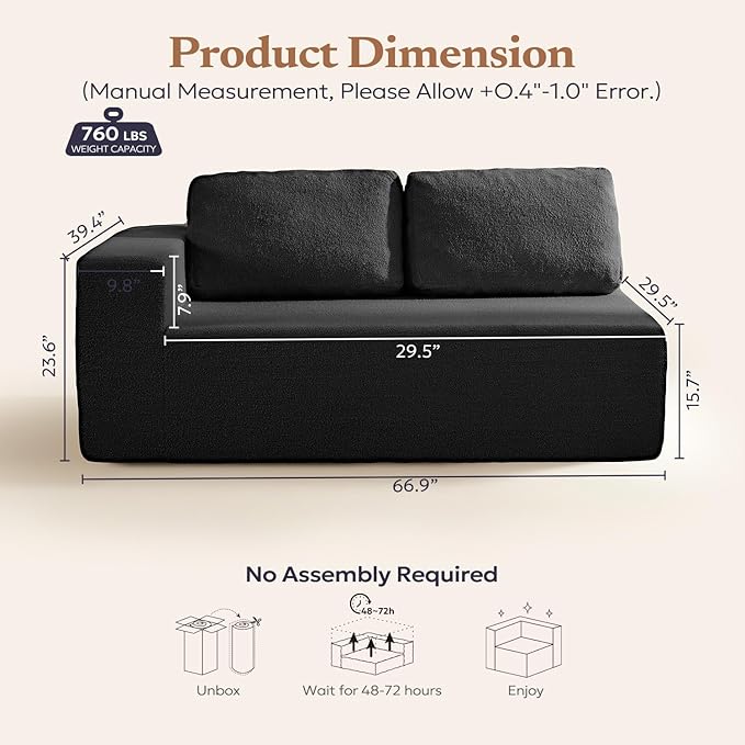 67" Loveseat Sofa, Cloud Modular Couch, Upholstered Floor Sofa with Deep Seat, Upholstered Foam Sofa for Bedroom Living Room, No Assembly Required (Black, Teddy Boucle)