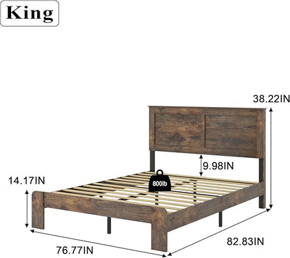 King Size Bed Frame, Rustic Vintage Platform Bed Frame with Wood Headboard and Footboard, 12 Wood Slats Support, No Box Spring Needed (Dark Brown, King)