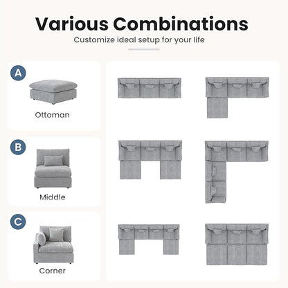 120" Cloud Couch Modular Sectional Sofa with Ottoman,Down Filled U Shaped 5 Seater Convertible Sofa,Cover Washable and Replaceable Couches for Living Room,Gray