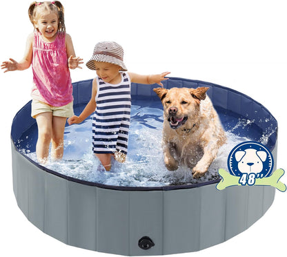 Foldable Dog Bath Swimming Pool Plastic Kiddie Pool Professional Tub Collapsible Grooming Bathtub for Pets Kids Baby and Toddler, 48 x 12 Inches Gray
