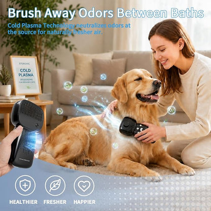 Dog Odor Remover Brush for Dogs & Cats, Cold Plasma Pet Freshening Brush, Helps Reduce Pet Smell Between Baths, Deshedding Comb with Rotating Adjustable Stainless Steel Pins
