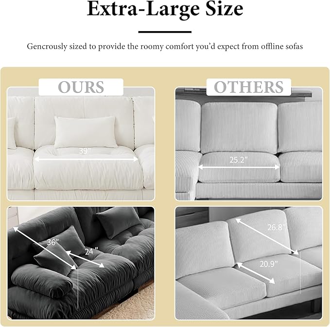 94.4” Loveseat Sofa, 2 Seater Modular Sectional Sofa, Grey Large Sectional Fluffy Couch Set, Chenille Cloud Couch with 4 Pillows, Deep Seat Sofas for Living Room