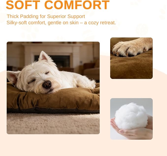 Washable Oval Dog Bed forX-Large Dogs,Silver-Tipped High-Resilience,Brown | Non-Slip Bottom Prevents Sliding, Soft Plush Short Fur, Machine Washable, Ideal for Crates/Apartments/Cozy Nooks,41"x27"x3.6"