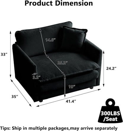 Aoowow Single Deep Seat Sofa Comfy Chenille Couch,Modern Upholstered Accent Armchair with Pillow for Living Room Bedroom Apartment(Black)