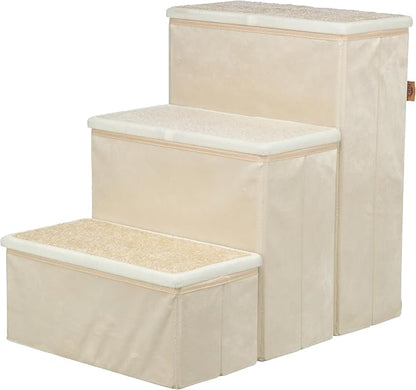 TRIXIE 3-Step Velour Pet Stairs, Beige | Collapsible, Storage Compartments for Pet Toys, Ideal for Dogs & Cats